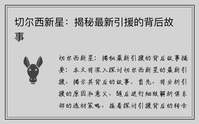 切尔西新星：揭秘最新引援的背后故事